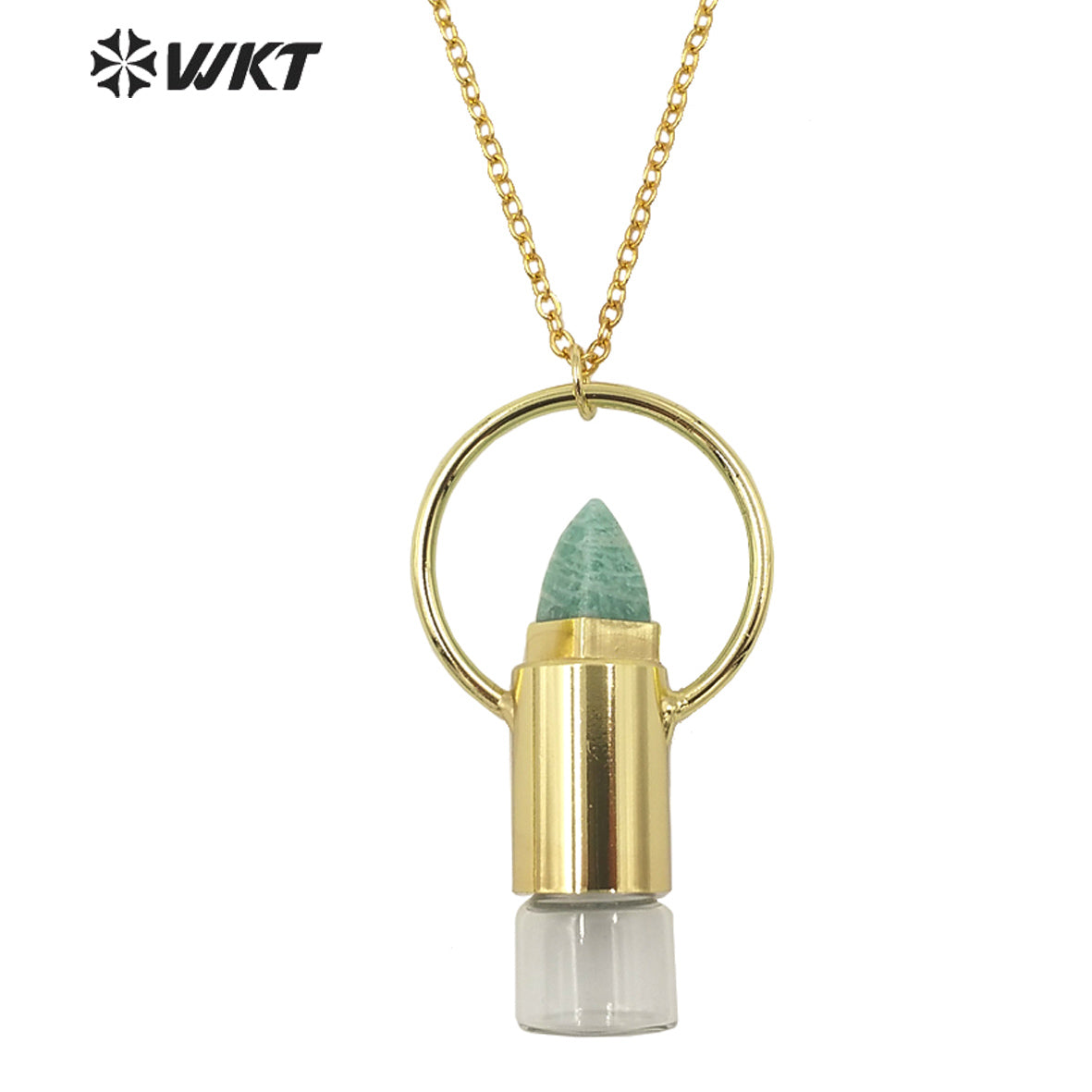 WT-N1295 WKT Women Bohemian Style Gold Plated Roll Gemstone Perfume Bottle Necklace Big Healing Stone Quartz Perfume Bottle