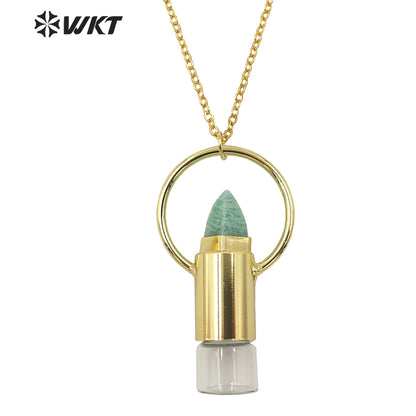 WT-N1295 WKT Women Bohemian Style Gold Plated Roll Gemstone Perfume Bottle Necklace Big Healing Stone Quartz Perfume Bottle