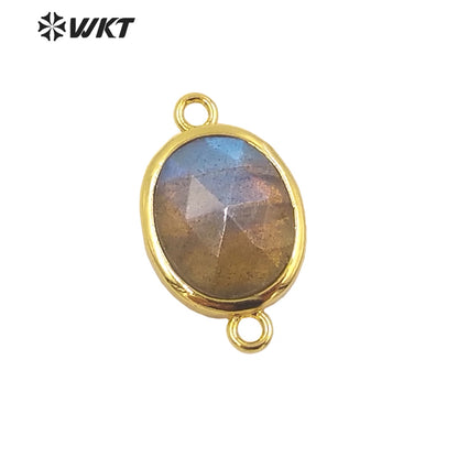 WT-C306 Wholesale Delicate Double Loops Stone Connector Jewelry Findings Chain Faceted Oval Shape Gemstone Charm Pendant