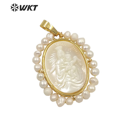 WT-JP264 WKT New Design Fashion Gold Bezel Religious Pearl Christian Pendant Oval Shape Virgin Mary Pendant for Necklace