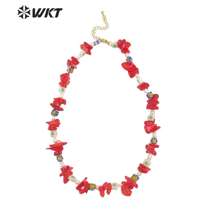 WT-JN186 Natural Red Shell Nugest Beads Necklace Unique Boho Vintage Irregular Enamel Pearl Beads Chocker Necklace
