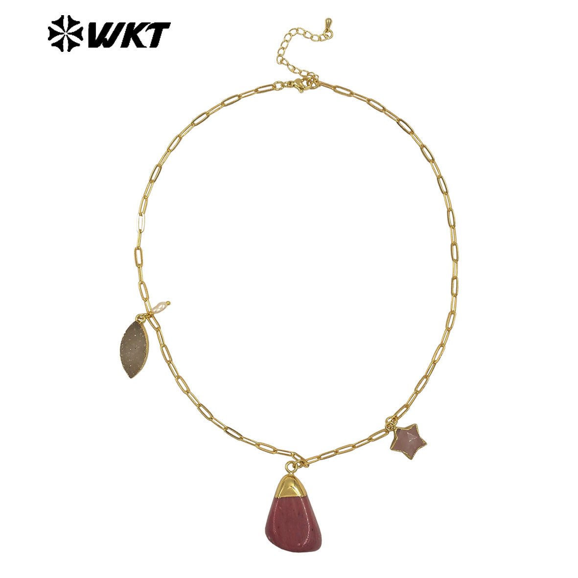 WT-N1489 Unique Design Natural Gemstones Necklace Gold Plated Chain With Three Stone Charms for Ladies Fashion Jewelry Gift
