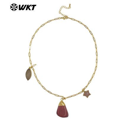 WT-N1489 Unique Design Natural Gemstones Necklace Gold Plated Chain With Three Stone Charms for Ladies Fashion Jewelry Gift