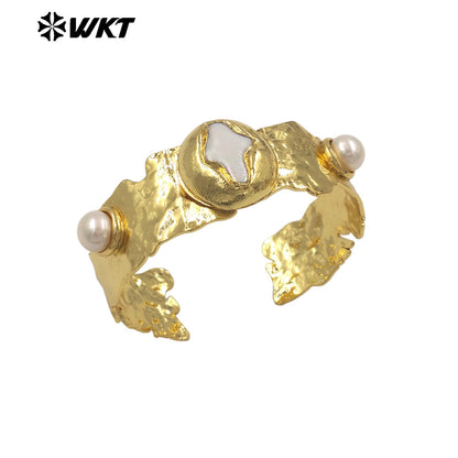 MPB131 The New Listing 18K Gold Electroplated Natural Freshwater Pearls Round And Cross Cuff Women Bangles For Friends Gift