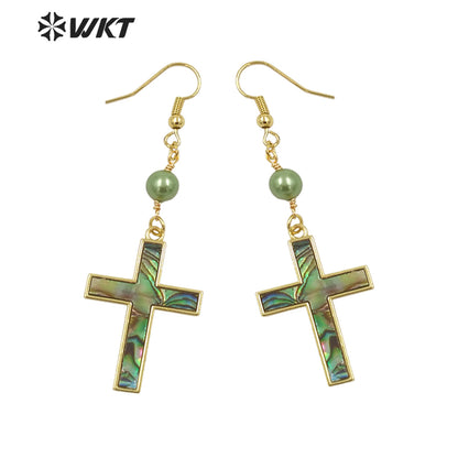 WT-MPE135 Wholesale Religious Christian Fashion Gold Bezel Setting Natural Shell Cross Pendant Earrings for Gift