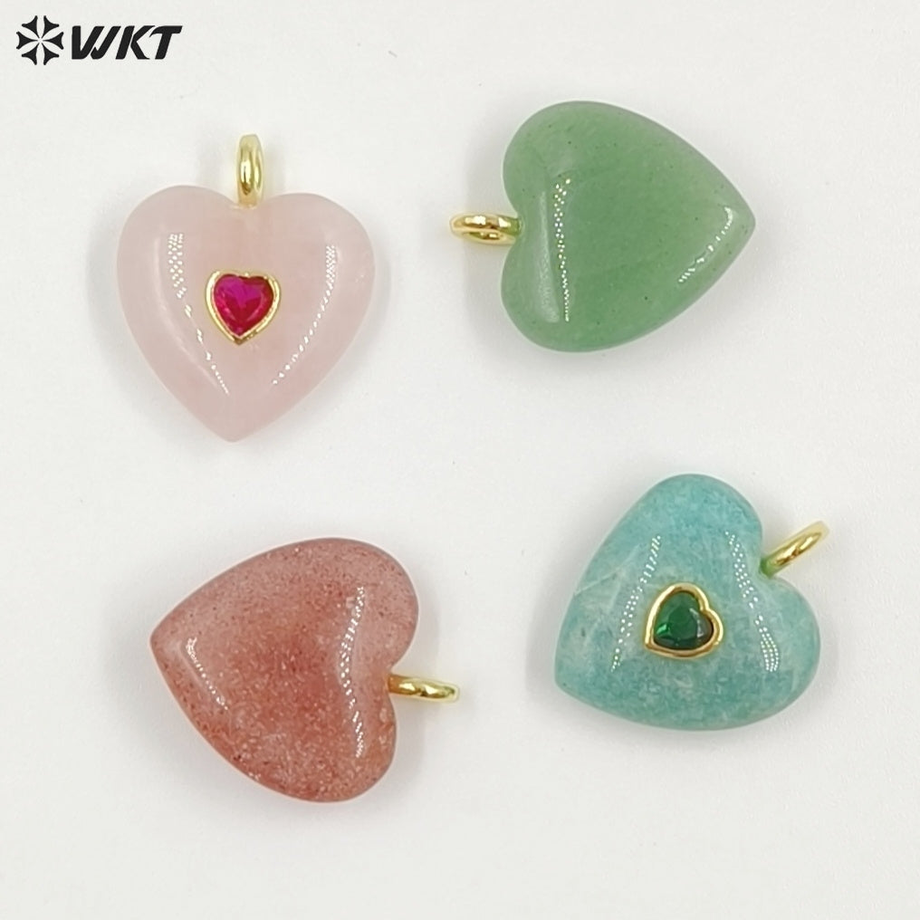 WT-P2059 Factory Wholesale Gold Zircon And Natural Gemstones Heart Shape Pendants As Girls Romantic Jewelry Decorations