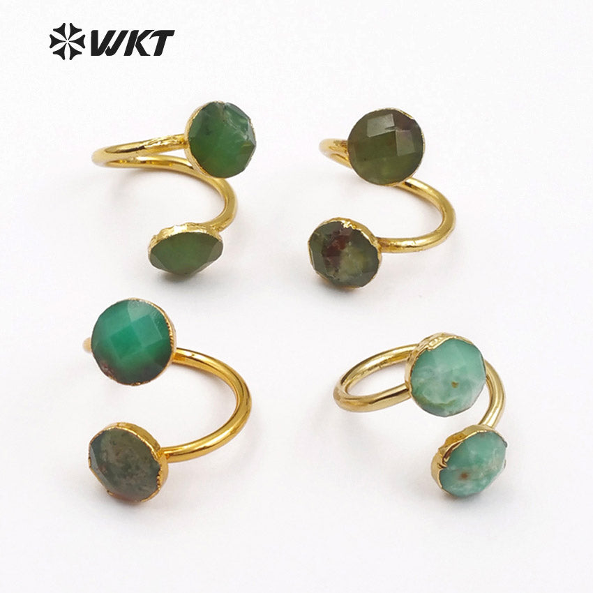 WT-R318 Double Green Faceted Stone in Round Shape for Women Bohemia Cocktail Adjustable Gold Trim Chysoprase Stone Rings