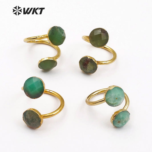 WT-R318 Double Green Faceted Stone in Round Shape for Women Bohemia Cocktail Adjustable Gold Trim Chysoprase Stone Rings
