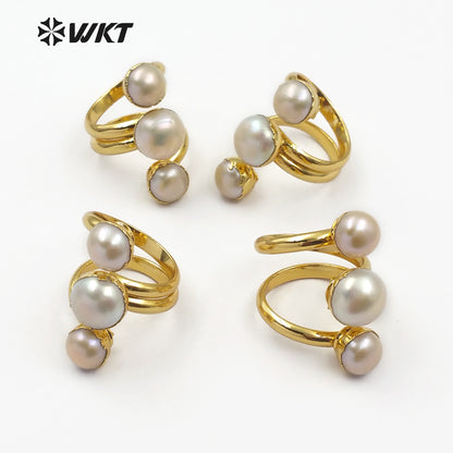 WT-R311 Wholesale Three Round Freshwater Pearl Rings Smoothly Tiny Pearl With Gold Bezel Natural Pearl Rings
