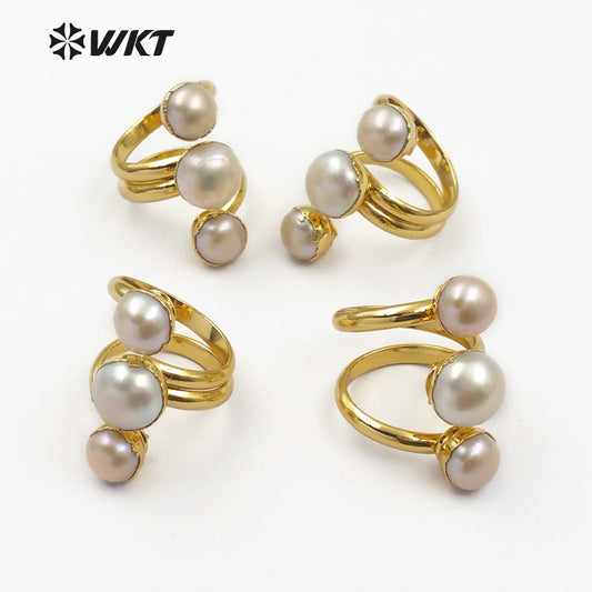 WT-R311 Wholesale Three Round Freshwater Pearl Rings Smoothly Tiny Pearl With Gold Bezel Natural Pearl Rings