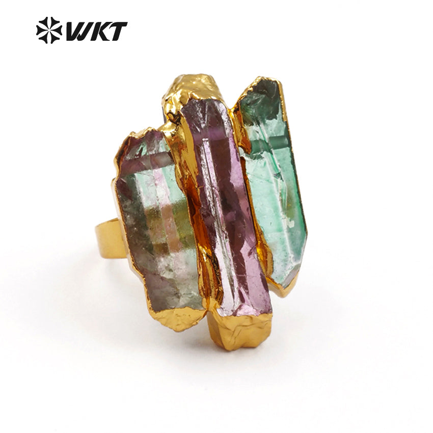 WT-R302 Wholesale High Quality Exclusive Custom in Gold Electroplated Adjustable Size for Aura Quartz Ring