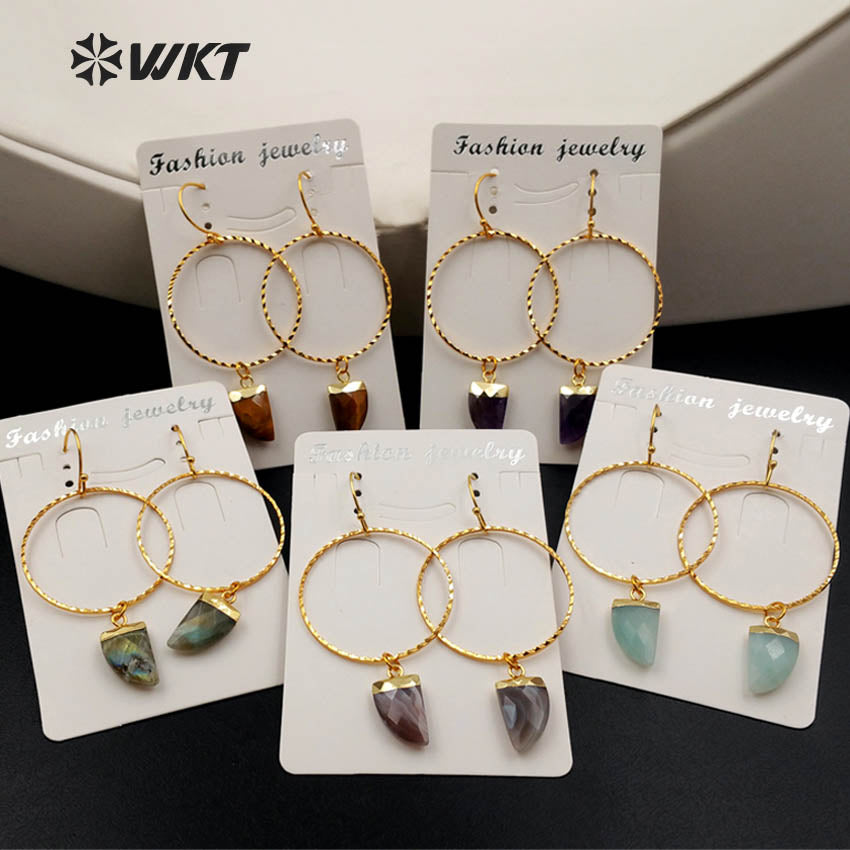 WT-E390 WKT Wholesale New Fashion Unique Lasted 24k Real Gold Plated Hoop Faceted Multi Horn Gemstone Dangle Earrings