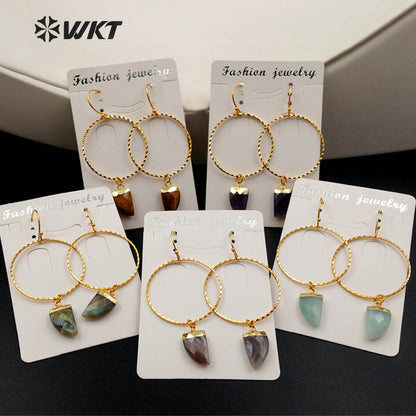 WT-E390 WKT Wholesale New Fashion Unique Lasted 24k Real Gold Plated Hoop Faceted Multi Horn Gemstone Dangle Earrings