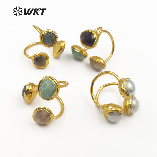 WT-R315 Vintage Design Three Stones on the Surface of the Ring Natural Amethyst Rose Quartz Labradorite and Pearls Mix Rings
