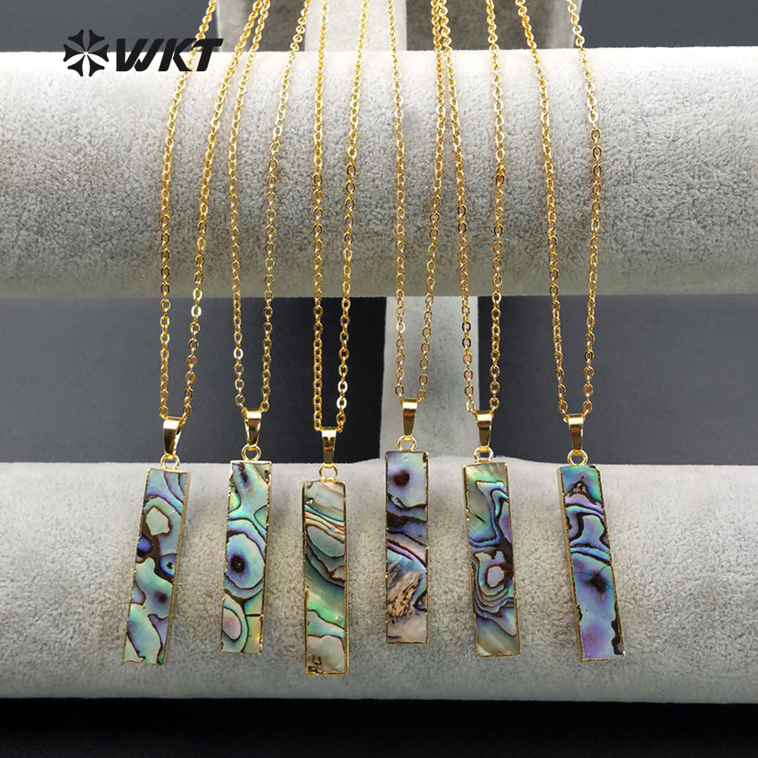 WT-N1020 Wholesale Long bar Abalone Shell Necklace with 18inch Long Real Gold Electroplated Simple Abalone Shell Necklace
