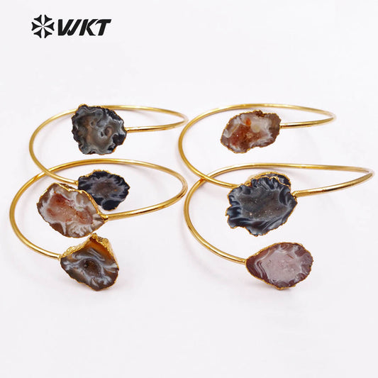 WT-B391 Hotsale Natural Geode Raw Stone 24k Real Gold Plated Adjustable Chunky Double Stone Druzy Agate Bangle