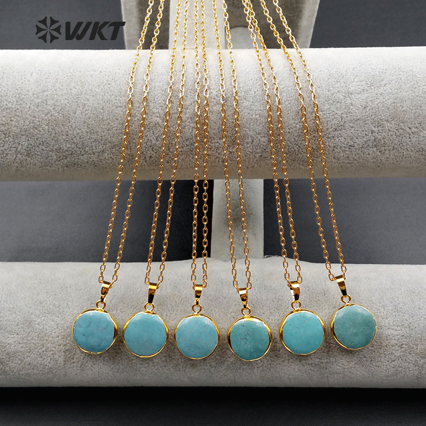 WT-N1000 Wholesale High Quality Generous Design Necklace 18 Inch Natural Green Turquoise Round Shape 24K Real Gold Plated