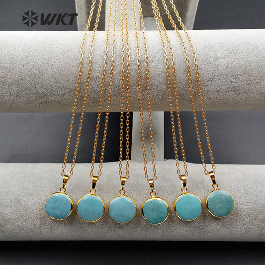 WT-N1000 Wholesale High Quality Generous Design Necklace 18 Inch Natural Green Turquoise Round Shape 24K Real Gold Plated