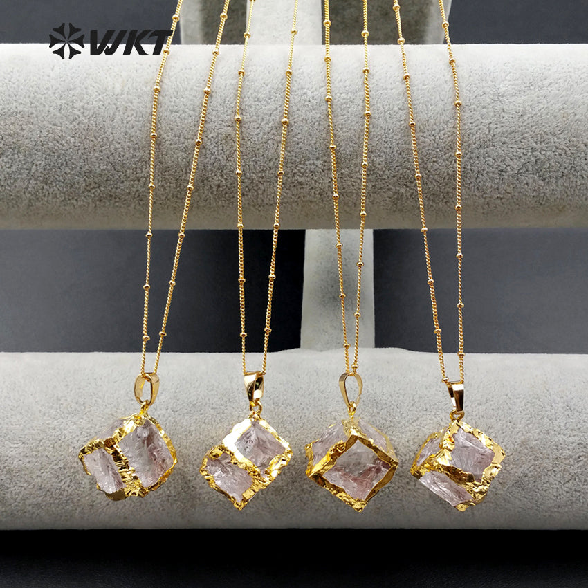 WT-N1031 Wholesale Natural Crystal Necklace With 24K Gold Electroplate in Square Shape Necklace Fashion Square Crystal Necklace
