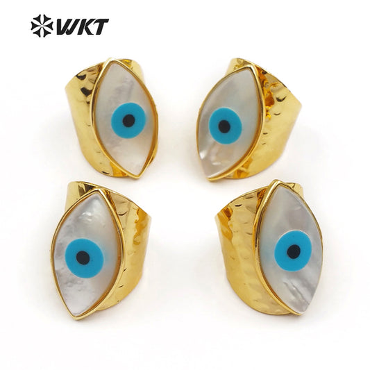 WT-R312 Wholesale Shell One Eye Rings Women Dainty One Eye Jewelry Natural Sea Shell With Gold Bezel Charm Adjustable Rings