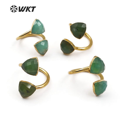 WT-R317 Wholesale Triangle Shape Faceted Green Stone With Gold Trim for Women Dainty Jewelry Natural Chrysoprase Stone Rings
