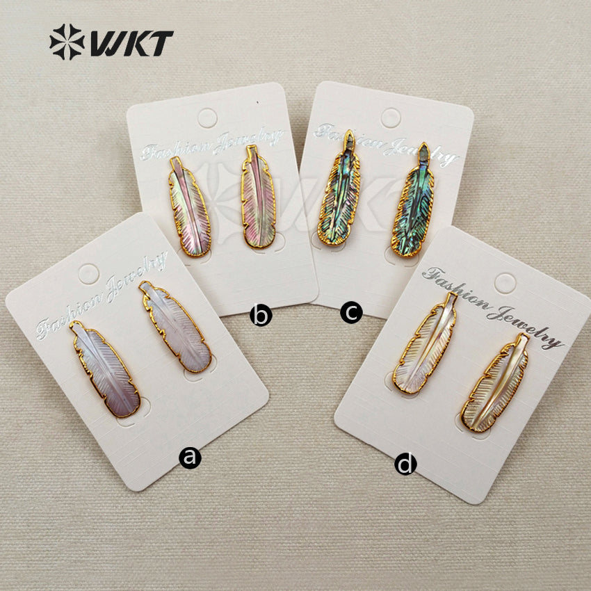 WT-E355 Amazing Hand Carved Natural Abalone Feather Studs Earrings, 24k Gold Trim Shell Feather Studs Earring