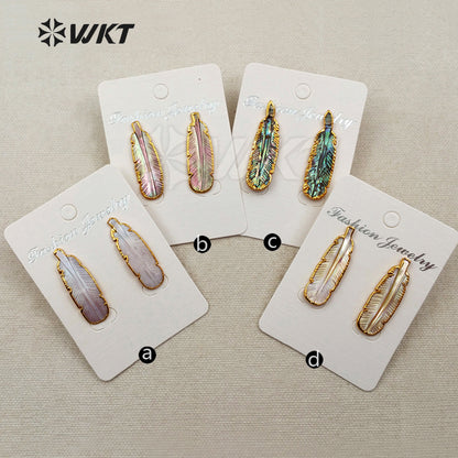 WT-E355 Amazing Hand Carved Natural Abalone Feather Studs Earrings, 24k Gold Trim Shell Feather Studs Earring