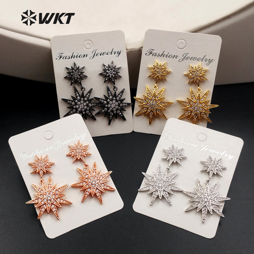 ME030 WKT Wholesale Fashion Cz Micro Pave Brass With Gold Rose Gold Silver Gunmetal Plated Double Star Stud Dangle Earrings