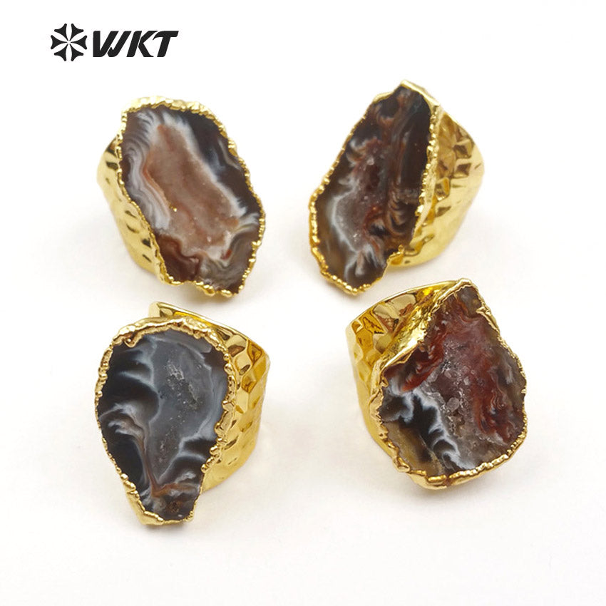 WT-R112 Adjustable 24k Real Gold Electroplated Slice Agate Stone Ring Fashion Cigar Druzy Stone Ring