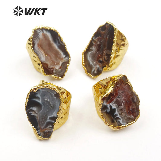 WT-R112 Adjustable 24k Real Gold Electroplated Slice Agate Stone Ring Fashion Cigar Druzy Stone Ring