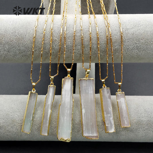 WT-N1021 New Hotsales Raw Stone Selenite Necklace, High Quality 24k Real Gold Trim Long White Selenite Necklace