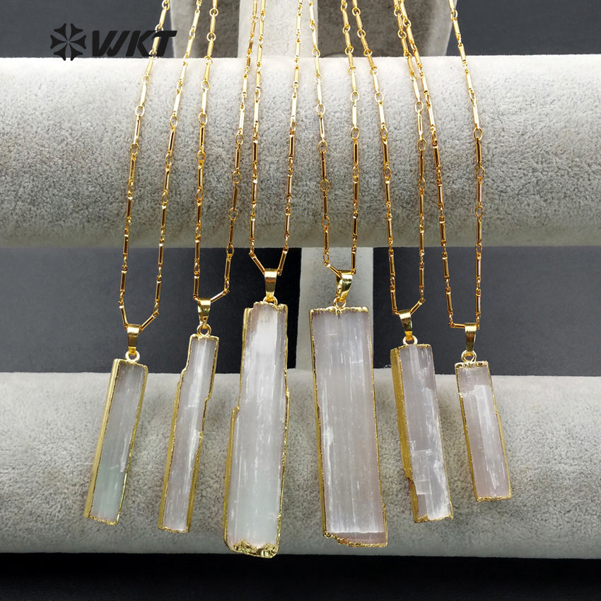 WT-N1021 New Hotsales Raw Stone Selenite Necklace, High Quality 24k Real Gold Trim Long White Selenite Necklace