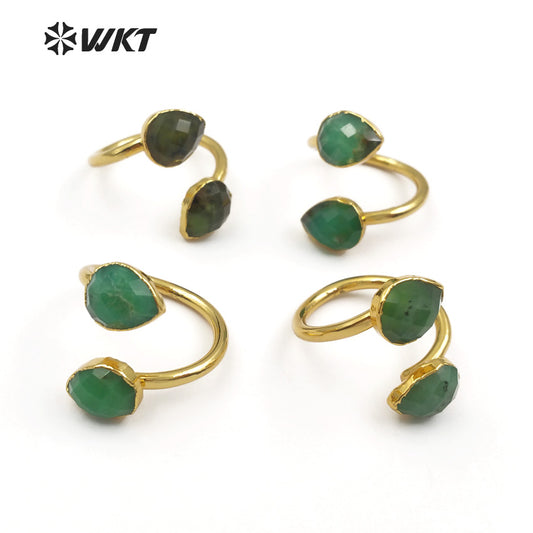 WT-R316 Wholesale Double Water Drop Faceted Green Stone With Gold Trim Women Elegant Rings Natural Chrysoprase Stone Rings