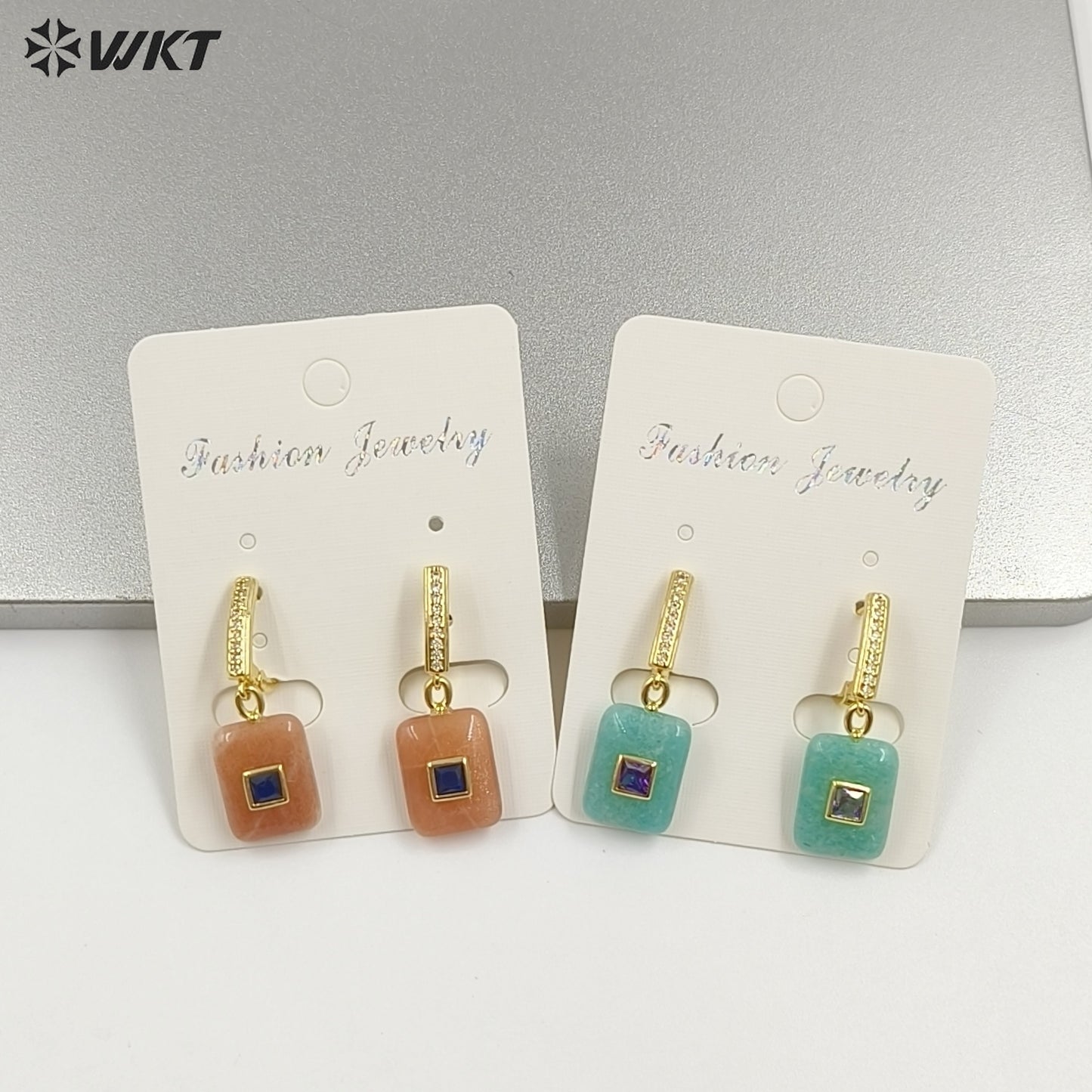 WT-E796 Top Quality Gold Plated Natural Multi Colors Gemstones With Zircon Rectangle Pendant Earrings For Lady Daily Wearing