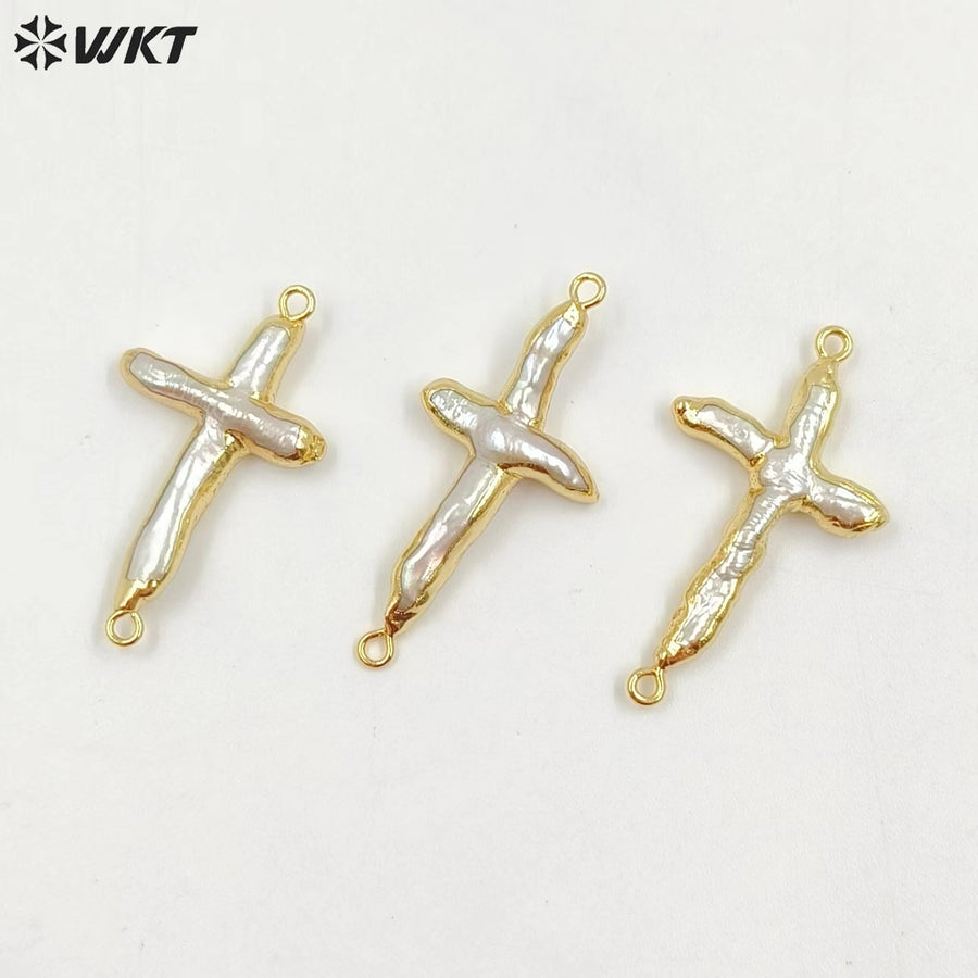 WT-C095 Wholesale Amazing Double Loops Freshwater Pearl Cross Pendant for Jewelry Findings Irregular Natural Real Pearl Cross