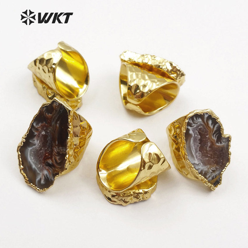 WT-R112 Adjustable 24k Real Gold Electroplated Slice Agate Stone Ring Fashion Cigar Druzy Stone Ring