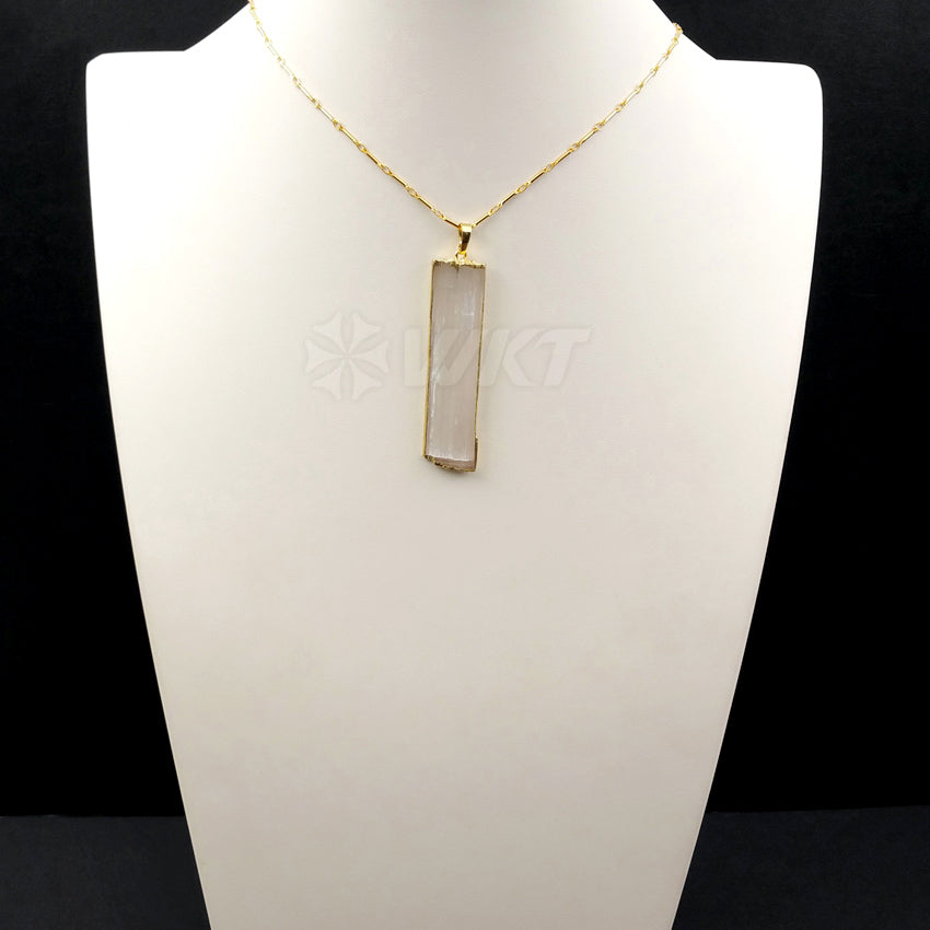 WT-N1021 New Hotsales Raw Stone Selenite Necklace, High Quality 24k Real Gold Trim Long White Selenite Necklace