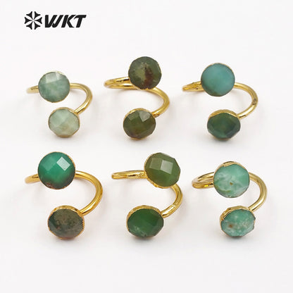 WT-R318 Double Green Faceted Stone in Round Shape for Women Bohemia Cocktail Adjustable Gold Trim Chysoprase Stone Rings