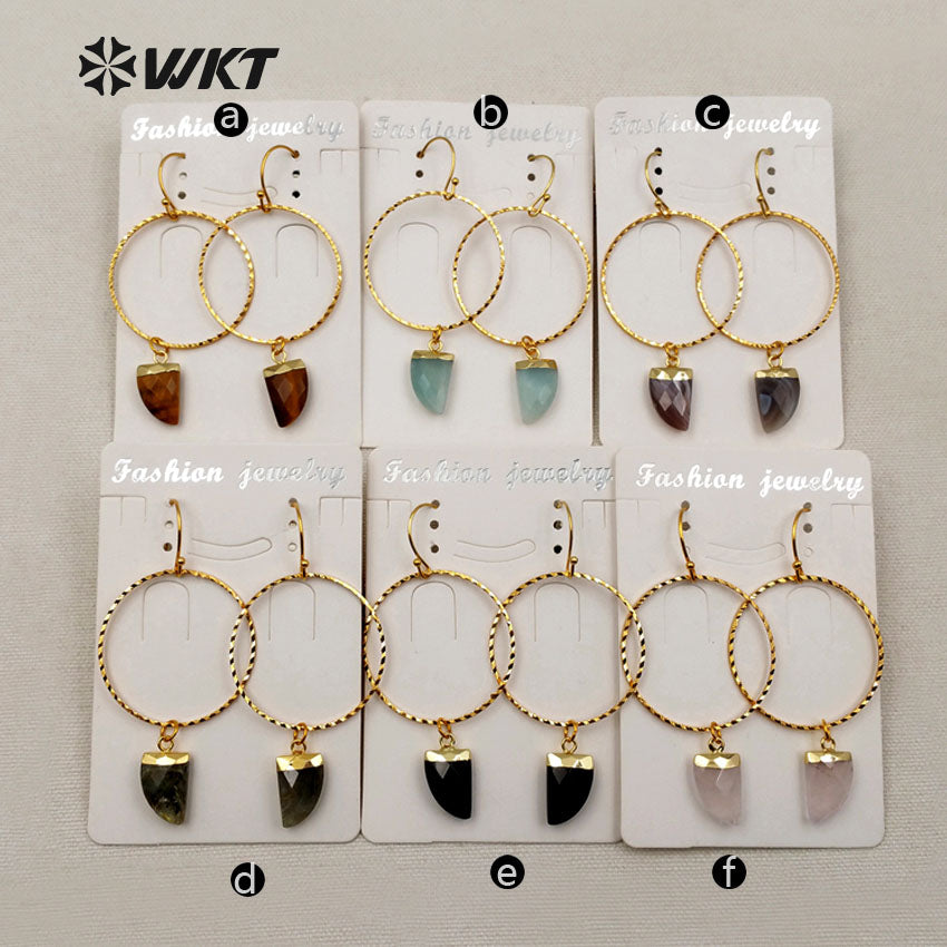 WT-E390 WKT Wholesale New Fashion Unique Lasted 24k Real Gold Plated Hoop Faceted Multi Horn Gemstone Dangle Earrings