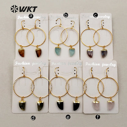 WT-E390 WKT Wholesale New Fashion Unique Lasted 24k Real Gold Plated Hoop Faceted Multi Horn Gemstone Dangle Earrings