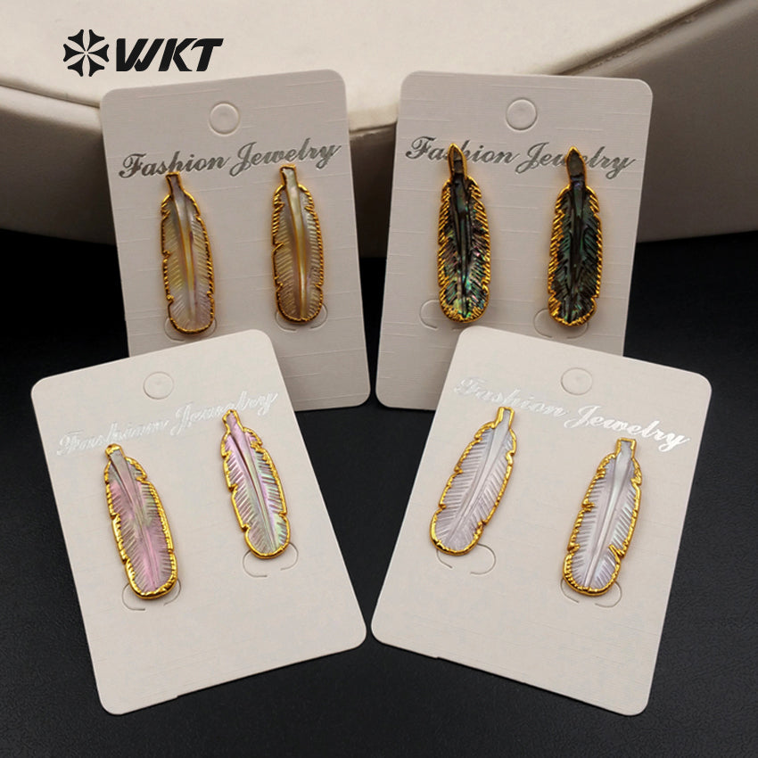 WT-E355 Amazing Hand Carved Natural Abalone Feather Studs Earrings, 24k Gold Trim Shell Feather Studs Earring