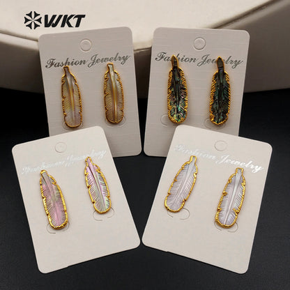 WT-E355 Amazing Hand Carved Natural Abalone Feather Studs Earrings, 24k Gold Trim Shell Feather Studs Earring