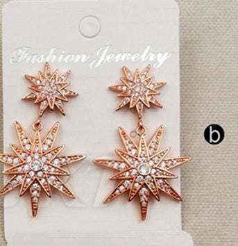 ME030 WKT Wholesale Fashion Cz Micro Pave Brass With Gold Rose Gold Silver Gunmetal Plated Double Star Stud Dangle Earrings