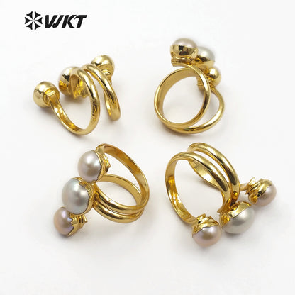 WT-R311 Wholesale Three Round Freshwater Pearl Rings Smoothly Tiny Pearl With Gold Bezel Natural Pearl Rings