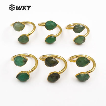 WT-R316 Wholesale Double Water Drop Faceted Green Stone With Gold Trim Women Elegant Rings Natural Chrysoprase Stone Rings
