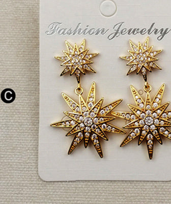 ME030 WKT Wholesale Fashion Cz Micro Pave Brass With Gold Rose Gold Silver Gunmetal Plated Double Star Stud Dangle Earrings