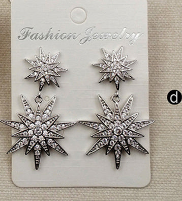 ME030 WKT Wholesale Fashion Cz Micro Pave Brass With Gold Rose Gold Silver Gunmetal Plated Double Star Stud Dangle Earrings