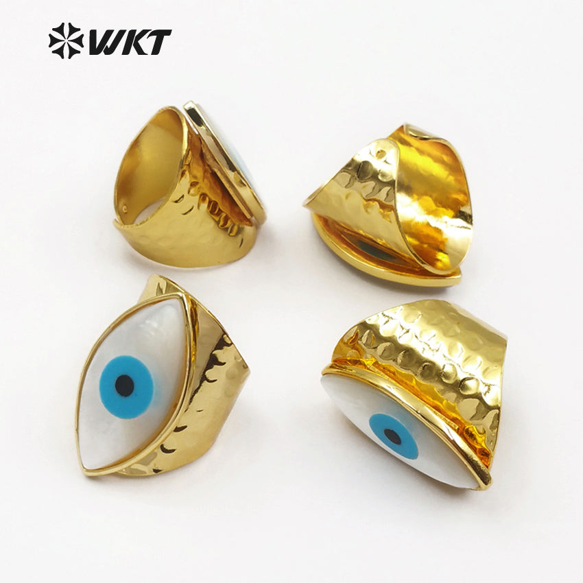 WT-R312 Wholesale Shell One Eye Rings Women Dainty One Eye Jewelry Natural Sea Shell With Gold Bezel Charm Adjustable Rings