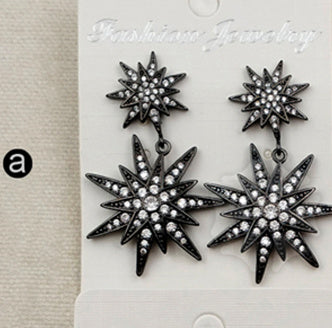 ME030 WKT Wholesale Fashion Cz Micro Pave Brass With Gold Rose Gold Silver Gunmetal Plated Double Star Stud Dangle Earrings