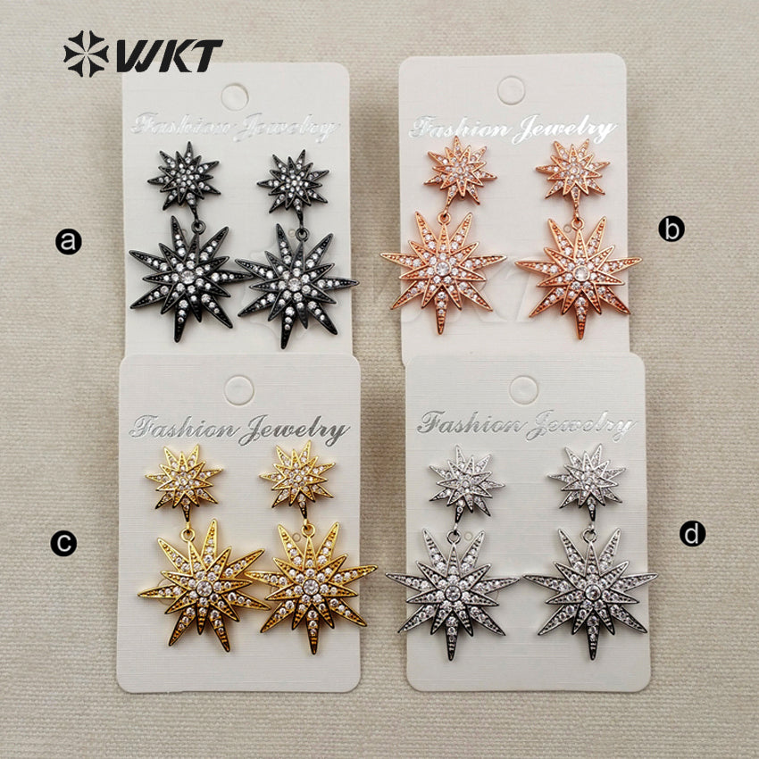 ME030 WKT Wholesale Fashion Cz Micro Pave Brass With Gold Rose Gold Silver Gunmetal Plated Double Star Stud Dangle Earrings